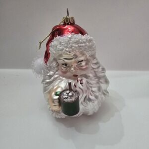 Christmas ornament glass santa sipping hot chocolate winking